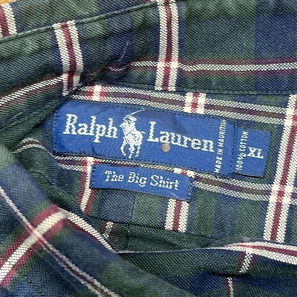Ralph Lauren The Big Shirt Mens XL Green Plaid Cotton Long Sleeve Blue Pony - Picture 6 of 6